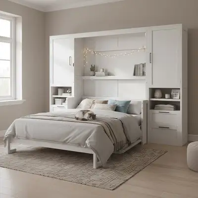 Wayfair ChatGPT ad: 4 Drawers Murphy Bed With 2 Wardrobes And Shelves Hokku Designs Color: White