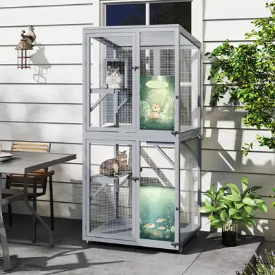 Chewy ChatGPT ad: Coziwow Catio Wooden Outdoor Cat House with Wheels, Gray
