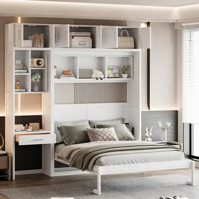 Wayfair ChatGPT ad: Murphy Bed with Built-in Desk and Storage Hokku Designs Color: White Size: Queen