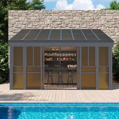 Home Depot ChatGPT ad: HOMMOW 10 ft. x 16 ft. Wall Mounted Gazebo, All-Season Aluminum Patio Gazebo with Side Door, Outdoor Permanent Sunroom, Gray