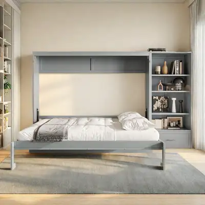 Wayfair ChatGPT ad: Queen Size Murphy Bed with Adjustable Storage Shelves and Drawer, Wall Bed Frame for Small Spaces, Home Office or Guest Room Hokku Designs Color: Gray