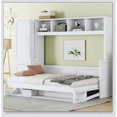 Wayfair ChatGPT ad: Murphy Bed with Closet & Drawers – Wall Bed – Space-Saving, Built-In Storage Hokku Designs Color: White Size: Queen